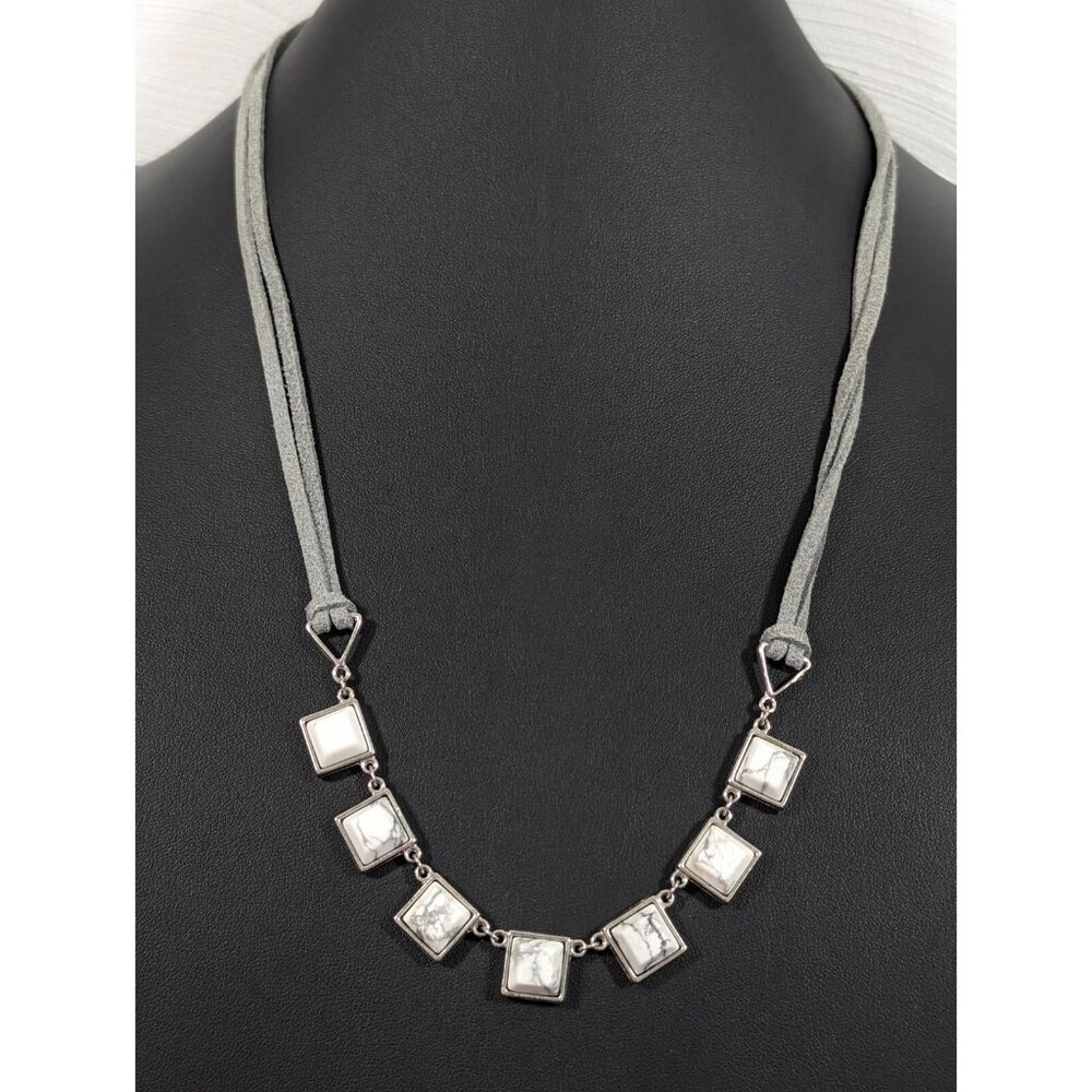 Ann Taylor LOFT Boho White Square Stone Cabochon Gray Cord Layering Necklace 26"